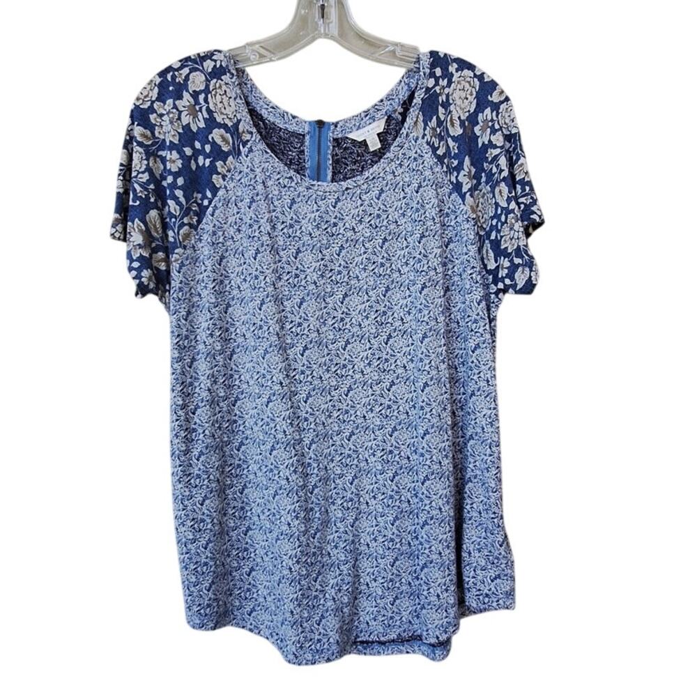 Lucky Brand Women's Floral Boho Short Sleeves Top Blouse Blue Cotton Modal L